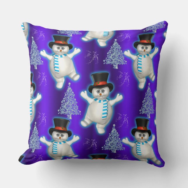 Dansend Snowman Kerstblauw Kussen (Voorkant)
