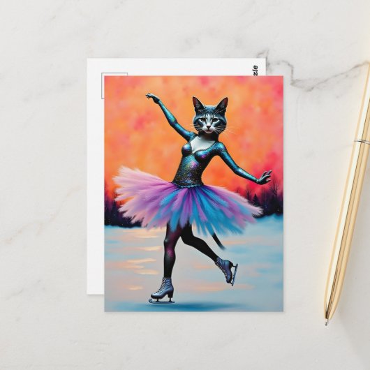Dansende Balerina Kitty op Ijs Briefkaart (Voorkant / Achterkant in situ)