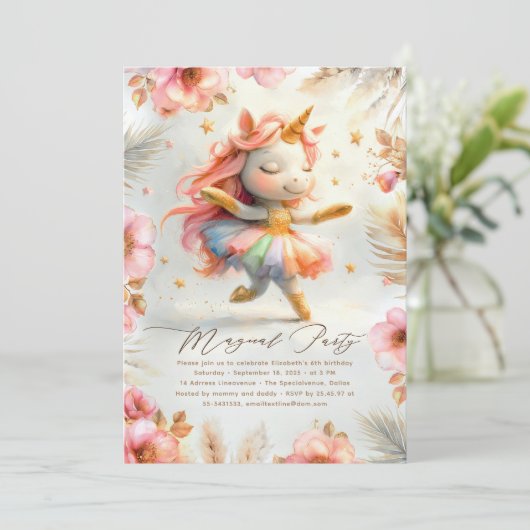 Dansende Ballerina Eenhoorn Verjaardag Uitnodiging (Staand voorkant)