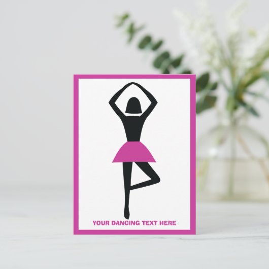 Dansende ballerina zwart, warm roze aangepast briefkaart (Staand voorkant)