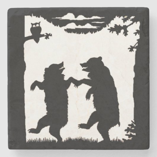 dansende Beren Black Silhouette Trees Owl Stenen Onderzetter (Voorkant)
