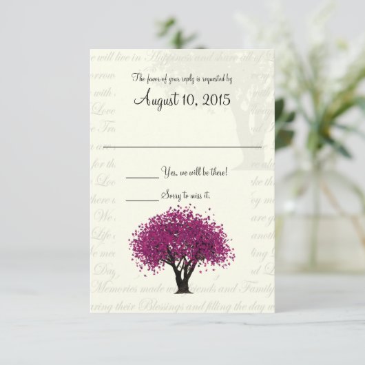 Dansende Bloemen Plum Paarse Boom en Trouwtekst RSVP Kaartje (Staand voorkant)