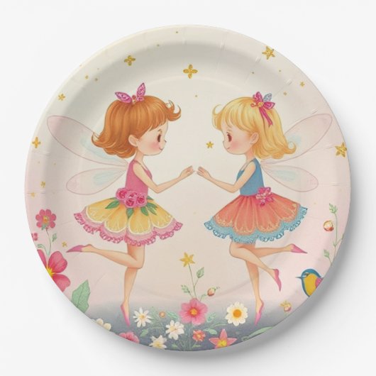 Dansende Bloemenfeeën2 Gouden Glitter Papier Borde Papieren Bordje (Voorkant)