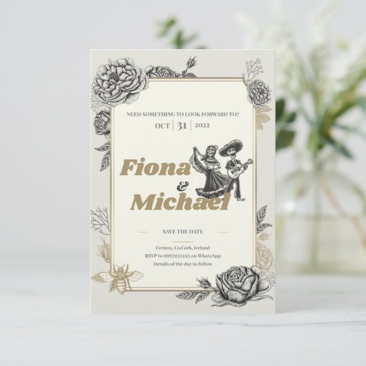 Dansende Calaveras Wedding Uitnodiging (Staand voorkant)