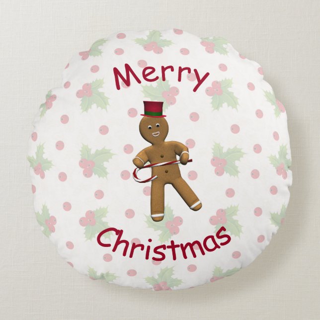 Dansende Cartoon Gingerbread Man Rond Kussen (Voorkant)