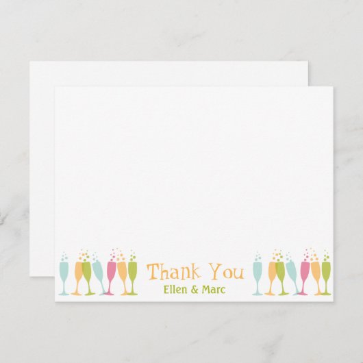 Dansende champagne-glazen kleur hartelijk dank bedankkaart (Voorkant / Achterkant)