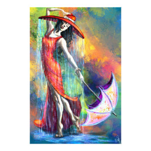 Dansende dame in het rood met paraplu Poster