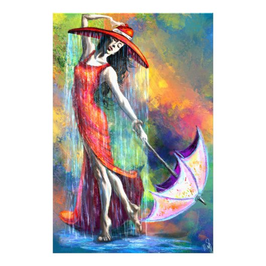 Dansende dame in het rood met paraplu Poster (Voorkant)