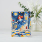 Dansende dame met rood haar blauwe jurk gouden kro briefkaart (Staand voorkant)