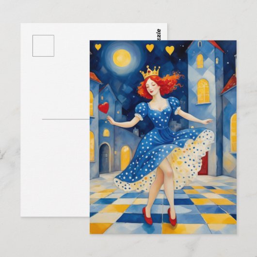 Dansende dame met rood haar blauwe jurk gouden kro briefkaart (Voorkant / Achterkant)