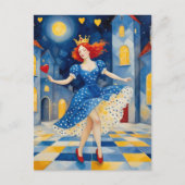 Dansende dame met rood haar blauwe jurk gouden kro briefkaart (Voorkant)