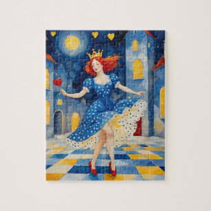 Dansende dame met rood haar blauwe jurk gouden kro legpuzzel