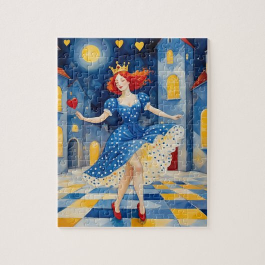 Dansende dame met rood haar blauwe jurk gouden kro legpuzzel (Verticaal)