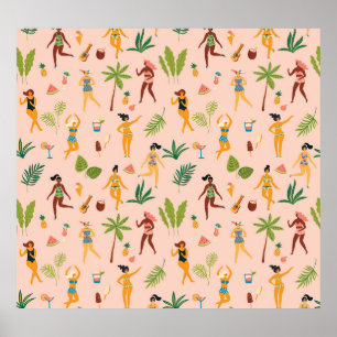 Dansende dames, palmbladeren patroon. poster