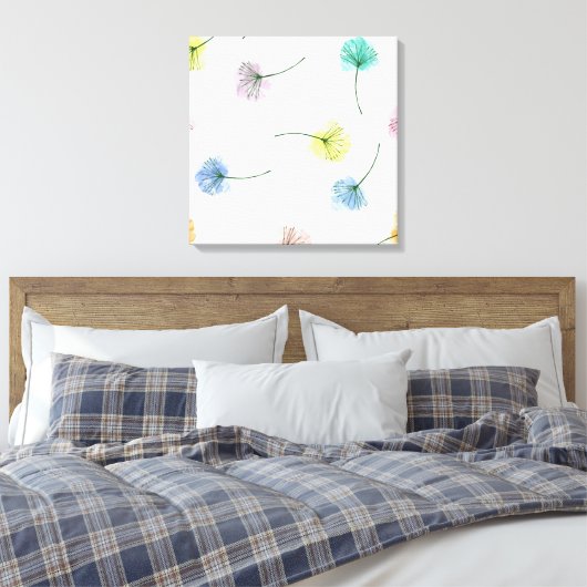 Dansende Dandelions | Waterverf Floral Pattern Canvas Afdruk (Insitu (Slaapkamer))