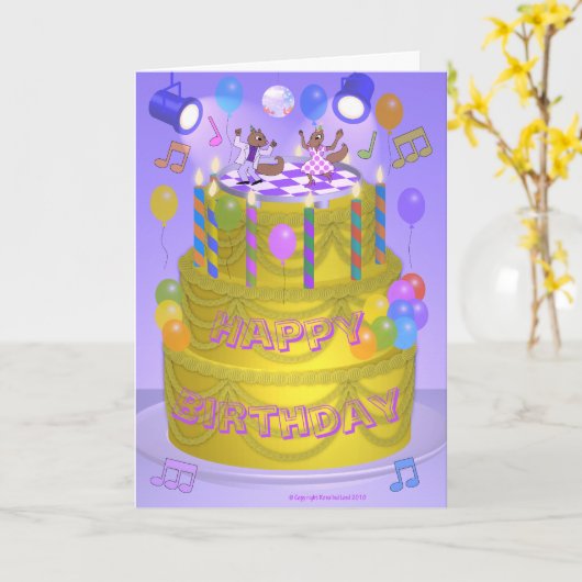 Dansende eekhoorns op Cake Birthday Kaart (Gele Bloem)