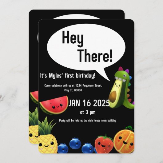 Dansende fruit thema eerste verjaardagskaart kaart (Voorkant / Achterkant)