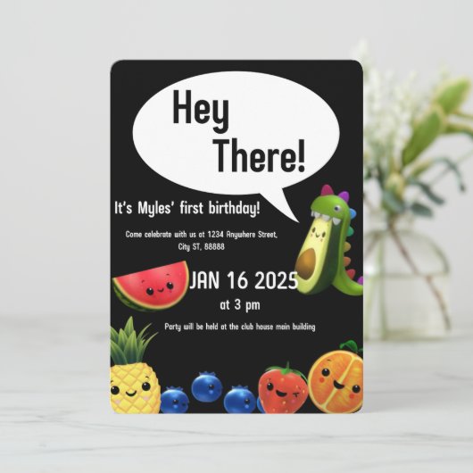 Dansende fruit thema eerste verjaardagskaart kaart (Staand voorkant)