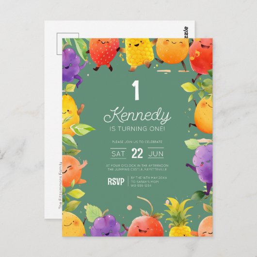 Dansende Fruit Verjaardag Uitnodiging (Voorkant / Achterkant)