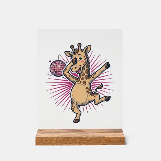 Dansende Giraffe Disco Bal Retro Gravure Shirt Acryl Bord (Voorkant)