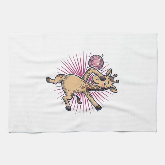 Dansende Giraffe Disco Bal Retro Gravure Shirt Theedoek (Horizontaal)