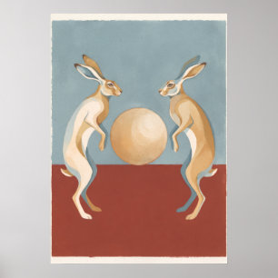 Dansende hazen en gouden maan volkskunst poster