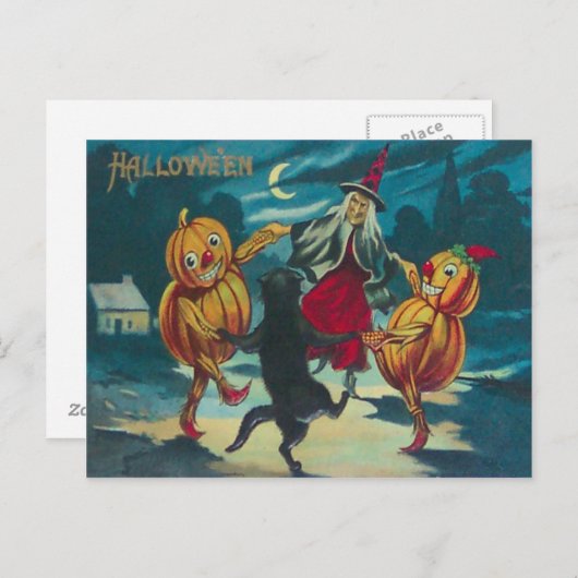 Dansende heks Jack O' Lantern Monster Black Cat Briefkaart (Voorkant / Achterkant)