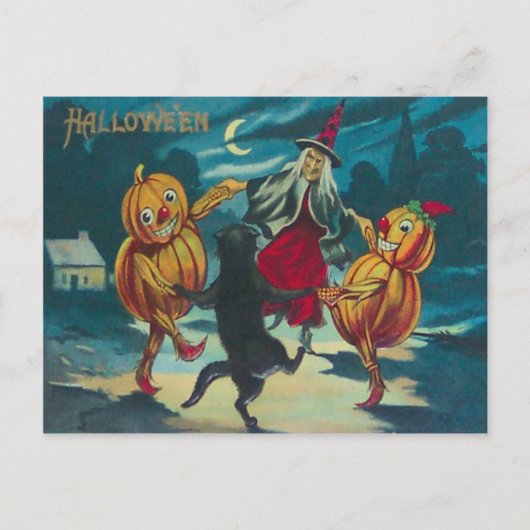 Dansende Heks Jack O' Lantern Monster Zwarte Kat Briefkaart (Voorkant)