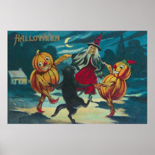 Dansende Heks Jack O' Lantern Monster Zwarte Kat Poster