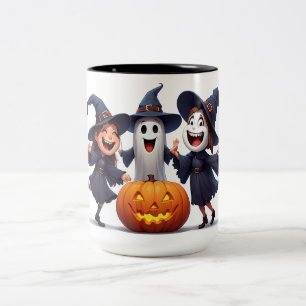 Dansende Heksevrienden Rondom Halloween Pompoen 🌙 Tweekleurige Koffiemok