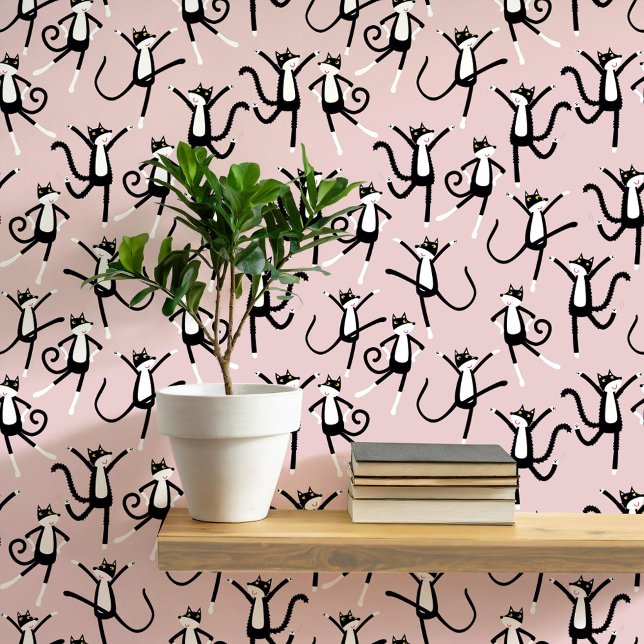 Dansende kat patroon Blush Pink Behang (Black and white tuxedo kitty cat pattern blush pink peel and stick wallpaper)