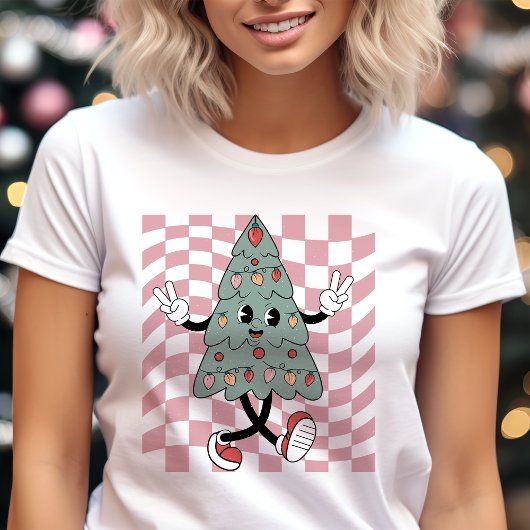 Dansende Kerstboom Roze Geruit Retro Tri-Blend Shirt