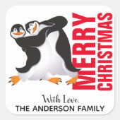 Dansende kerstlabel pinguïns vierkante sticker (Voorkant)