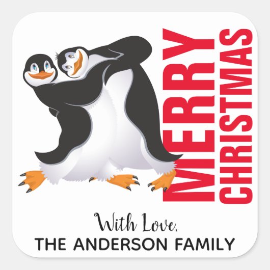 Dansende kerstlabel pinguïns vierkante sticker (Voorkant)