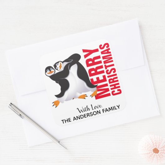 Dansende kerstlabel pinguïns vierkante sticker (Envelop)