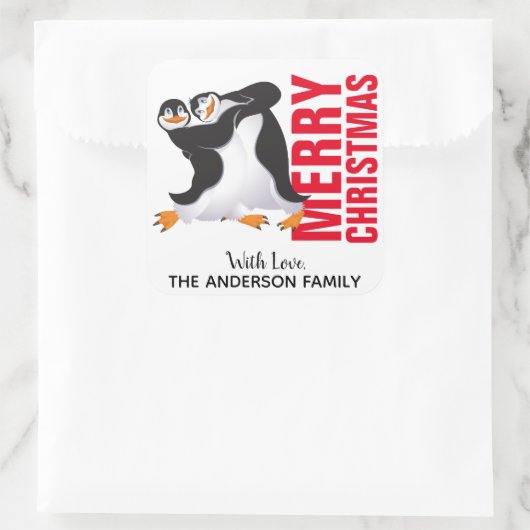 Dansende kerstlabel pinguïns vierkante sticker (Tas)