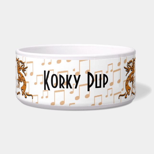 Dansende Kokopelli Merrymaker met muzieknotities Voerbakje (Voorkant)