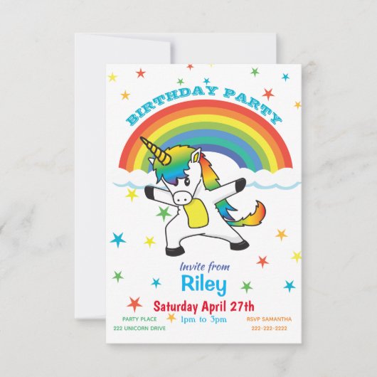 Dansende Magische Unicorn Rainbow & Stars Invite Kaart (Voorkant)