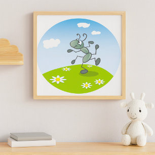 Dansende mier op gras met bloemen poster