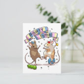 Dansende muizen feesttijd banner confetti en ballo briefkaart (Staand voorkant)