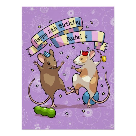 Dansende Muizen Naam & Leeftijd Gelukkige Verjaard Perfect Poster (Voorkant)