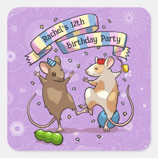 Dansende muizen voegen de naam Happy Birthday Part Vierkante Sticker (Voorkant)