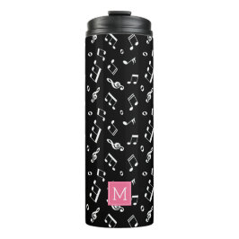 Dansende Muzieknoten Patroon en Roze Monogram Thermosbeker