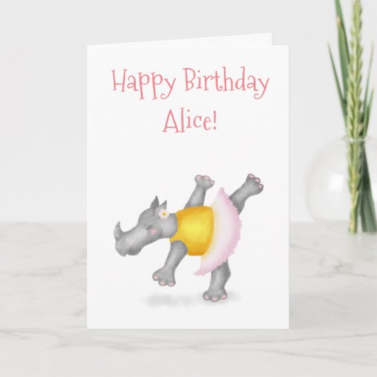Dansende neushoorn gepersonaliseerde verjaardagska kaart (Voorkant)