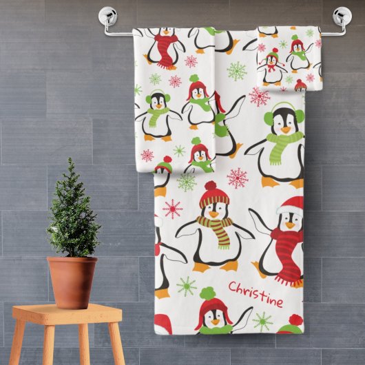 Dansende Penguins Red en Green Pattern Kerstmis Bad Handdoek