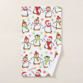 Dansende Penguins Red en Green Pattern Kerstmis Bad Handdoek (Handdoek)