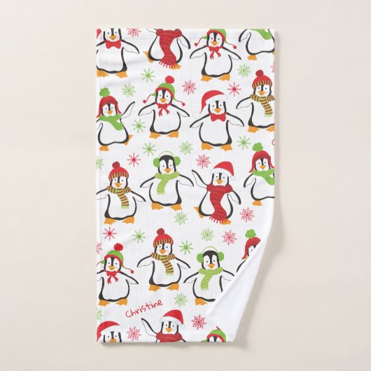 Dansende Penguins Red en Green Pattern Kerstmis Bad Handdoek (Handdoek)
