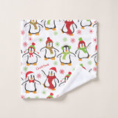 Dansende Penguins Red en Green Pattern Kerstmis Bad Handdoek (Wasdoekje)