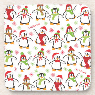 Dansende Penguins Red en Green Pattern Kerstmis Bier Onderzetter