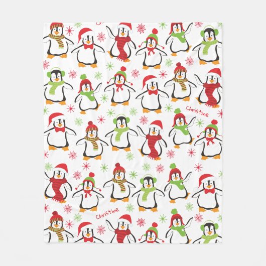 Dansende Penguins Red en Green Pattern Kerstmis Fleece Deken (Voorkant)
